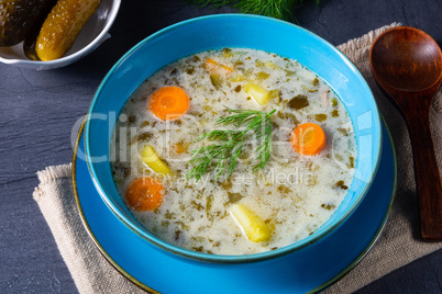 Polish sour cucumber soup or salt cucumber soup.