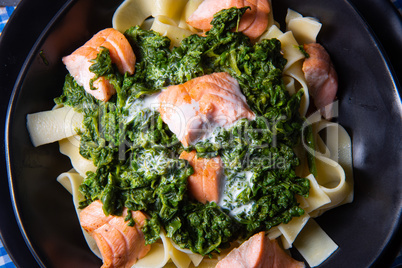 pappardelle pasta with creamed spinach and fried salmon