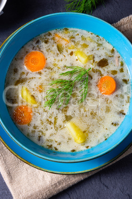 Polish sour cucumber soup or salt cucumber soup.