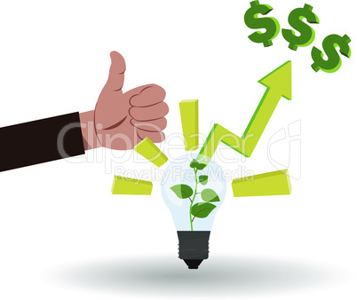 Concept of business idea vector illustration with hand with like and lamp idea, where growing green money plant inside and araising arrow from there to money on the top
