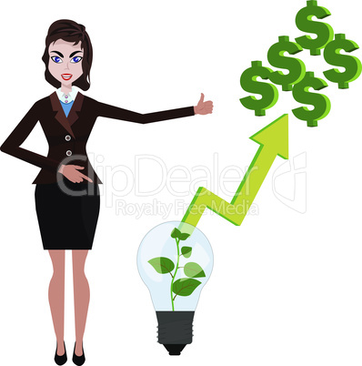 Beatifull businesswoman pointing to money idea from lamp with green plant with araise arrow to dollars. Vector illustration for successfull business concept