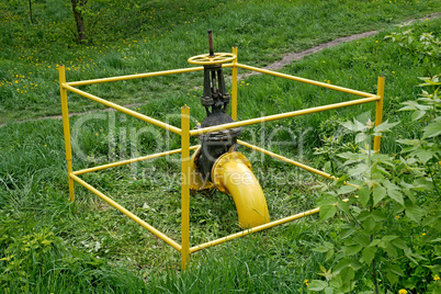 Gas valve outside among green grass