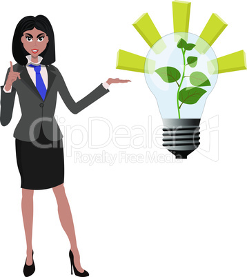 Beatifull businesswoman pointing to successfull idea from lamp with growing green plant. Vector illustration for successfull business concept idea