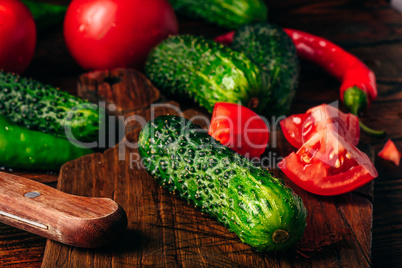 Cucumbers, tomatoes and chili peppers