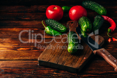 Cucumbers, tomatoes and chili peppers