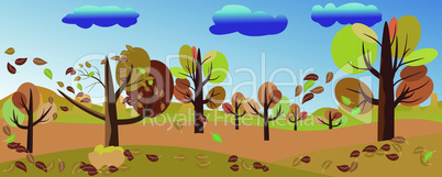 Panoramic of landscape in autumn, Vector illustration of horizontal banner of autumn landscape beatifull nature of trees with red, orange and yellow leaves fallen with pastel autumn foliage