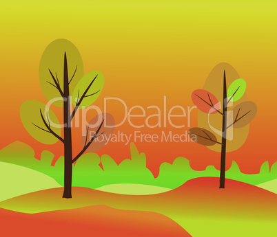 Vector illustration of beautiful golden autumn landscape on red yellow autumn colors background in modern elegant style with autumn trees in the forest. Beatiful vector autumn colors landscape