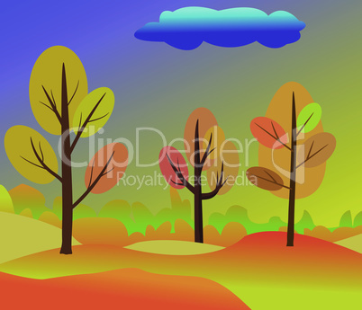 Vector illustration of beautiful golden autumn landscape on red yellow autumn cloud and colors background in modern elegant style with autumn trees in the forest. Beatifull vector autumn landscape