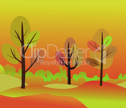 WebVector illustration of beautiful golden autumn landscape on red yellow autumn colors background in modern elegant style with autumn trees in the forest. Beatiful vector autumn colors landscape