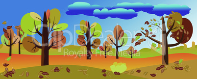 Panoramic landscape in autumn, Vector illustration of horizontal banner of autumn landscape with beatifull nature of trees with dark cloud and leaves fallen with pastel autumn foliage