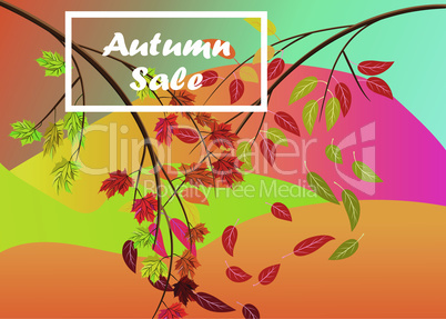 Autumn sale vector banner background with 2 branches with autumn leaves with fall leaves elements, rainy cloud, autumn typography and text in autumn colors background. Vector illustration.