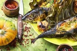 Baked fish with pumpkin filling