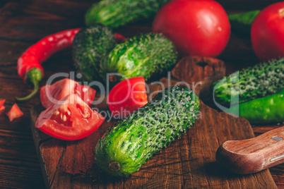 Cucumbers, tomatoes and chili peppers