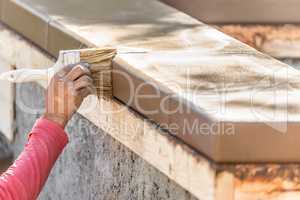 Construction Worker Using Brush On Wet Cement Forming Coping Aro