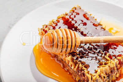 Honeycomb on plate with honey dipper