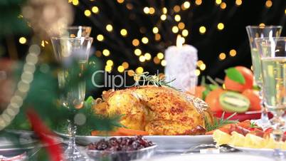 Roasted chicken on Christmas festive table