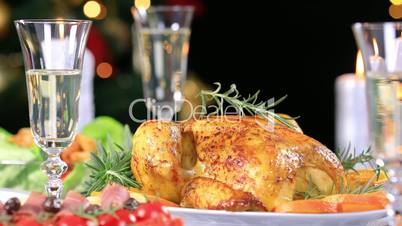 Roasted chicken on Christmas festive table