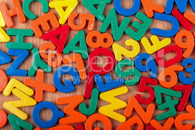 Set of coloured plastic letters and numbers