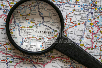 Austria on the map and magnifying glass