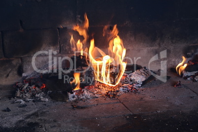 Fire, flame and hot firewood for grilling