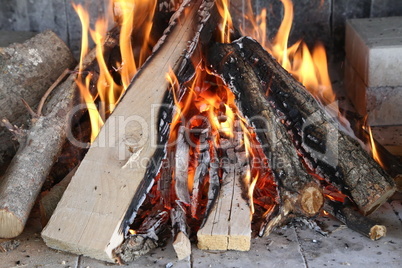Fire, flame and hot firewood for grilling