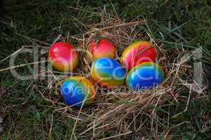 Easter traditions. Compositions with painted Easter eggs