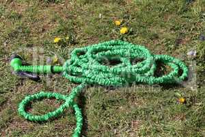 A green hose is located on the lawn