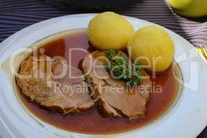 Lunch - roast pork with dumplings and sauerkraut