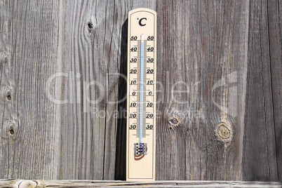 Thermometer shows high temperatures of hot summer
