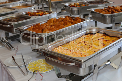closeup of chafing dishes at a party