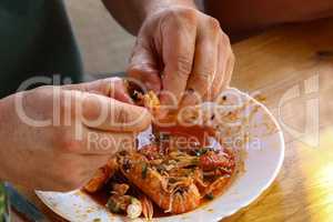 The Traditional Mediterranean Cuisine - Eating Shrimp Meals.