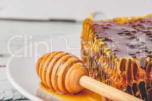 Honeycomb on plate with honey dipper