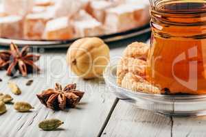 Asian tea with turkish delight Rahat Lokum and different spices