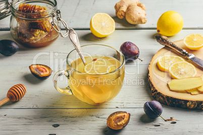 Cup of tea with lemon, honey and ginger
