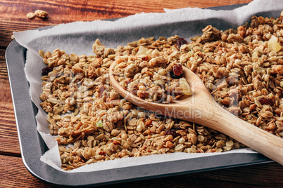Homemade granola on baking sheet