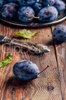 Ripe plums with leaves and knife