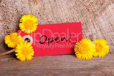 Red Label, Dandelion, English Text Open, Wooden Background