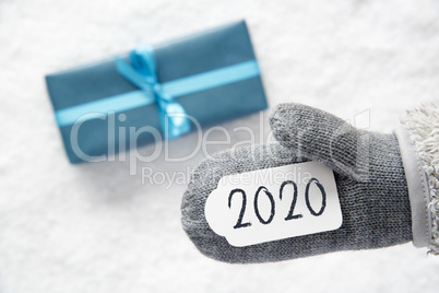 Turquoise Gift, Glove, Text 2020, Snowy White Background