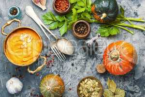 Pumpkin soup in a metal pot