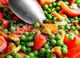 Tomatoes with mushrooms and green peas