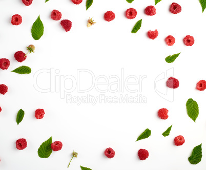 red ripe raspberries and green leaves scattered