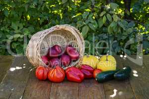 Autumn still life with apples, tomatoes, peppers, tsuhini...