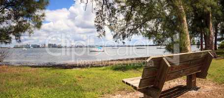 Bench view of Boats at the Ken Thompson park in Sarasota