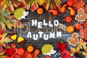 Colorful Autumn Decoration, Text Hello Autumn, Wooden Background