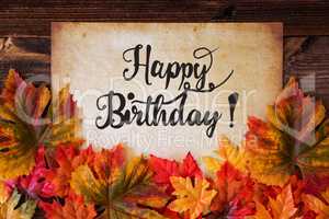 Old Paper With Text Happy Birthday, Colorful Leaves Decoration
