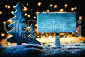 Christmas Tree, Snow, Copy Space, Sign At Night