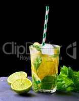 refreshing drink lemonade with lemons, mint leaves