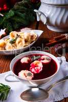 traditional Polish Christmas Eve borscht with dumplings