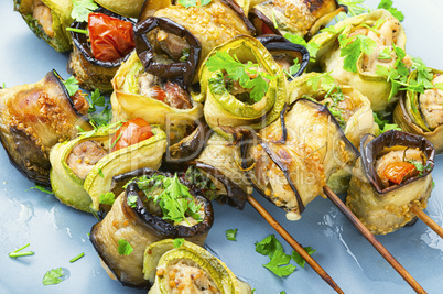 Eggplant with meat on skewers