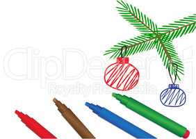 Felt-tip pens and spruce branch with balls
